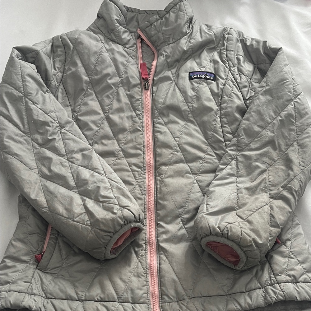 Patagonia Kids Gray Quilted Jacket with Pink Accents